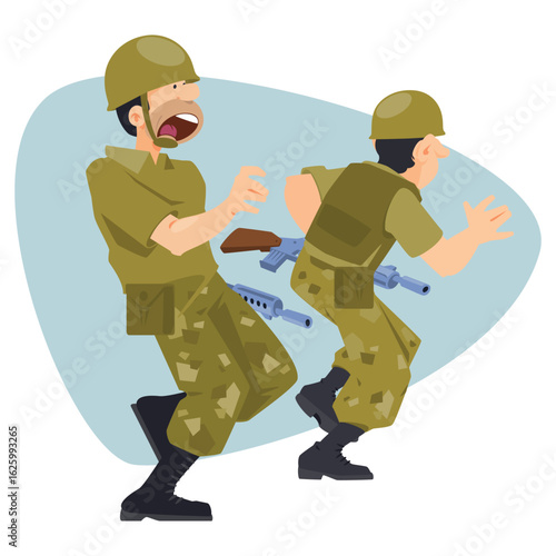 Running and screaming soldiers.