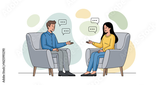 A minimalist illustration depicts a therapy session with a male therapist and a female patient engaged in conversation, set against a clean white background.