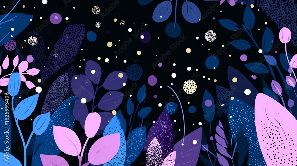Whimsical Dark Floral Pattern with Abstract Plants and Dots Whimsical Dark Floral Pattern with Abstract Plants and Dots