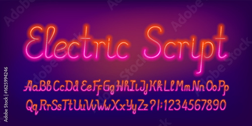 Electric Script alphabet font. Bright neon script letters, numbers and symbols. Stock vector typescript for your design.