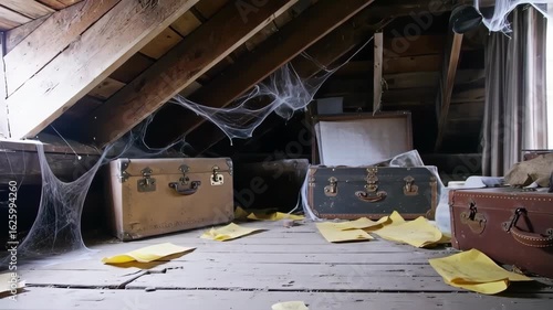 Discovering Forgotten Secrets in a Dusty Attic with Vintage Trunks and Cobwebs