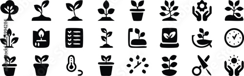Black and White Icon Set Illustrating Planting, Gardening, Growing, and Horticultural Processes, Supplies, and Activities