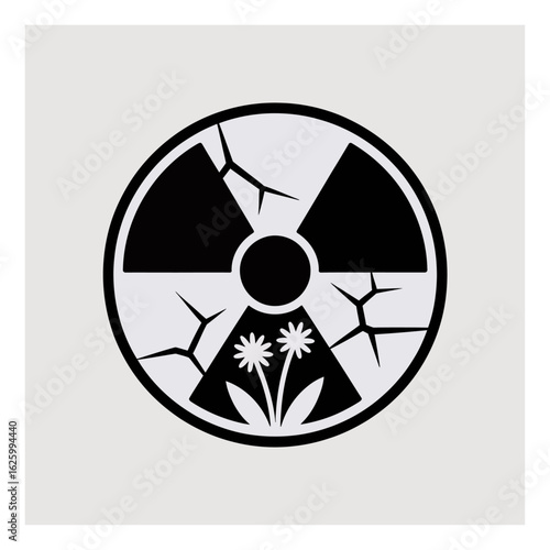 Symbolic representation of environmental resilience flowers growing in a nuclear radiation symbol cracked and broken