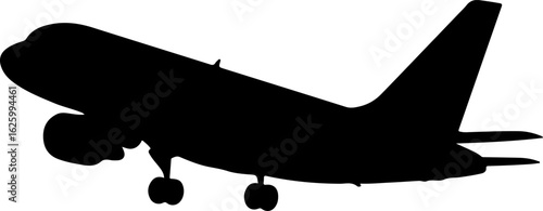 Classic cargo airplane in silhouette taking off with landing gear down and white background