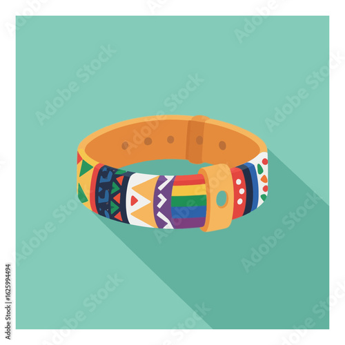 Trendy wristband featuring diverse patterns including geometric shapes and a rainbow stripe on a teal background, representing inclusion and individuality