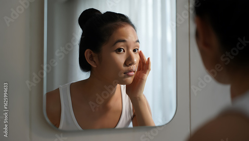 Young woman examining skin in mirror reflection Free Download Young woman examining skin in mirror reflection - GFXLoad