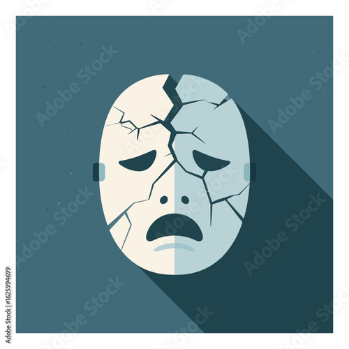 Vector illustration of a cracked mask symbolizing sadness, depression, and emotional fragility with a long shadow and textured background, conveying mental health issues