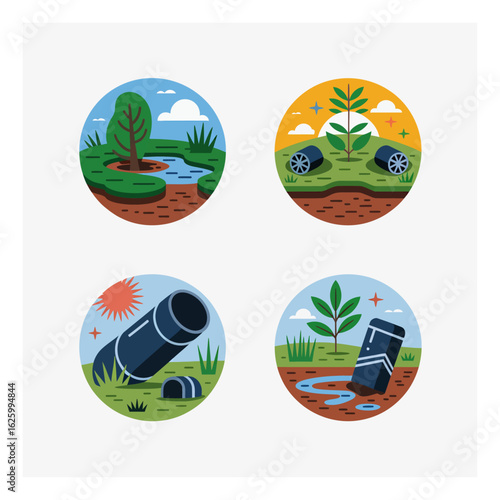 Vector illustrations depicting environmental pollution and conservation with trees, water, and pipes showing damage, cleanup, and ecosystem recovery