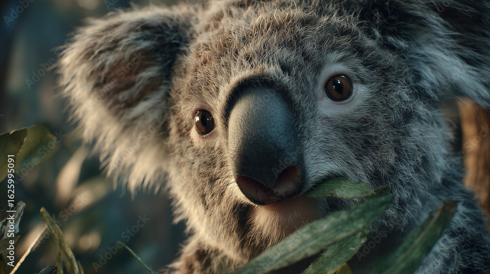 Obraz premium Koala Bear Among Eucalyptus: A charming koala bear enjoys a meal of eucalyptus leaves, its expressive eyes capturing the serene essence of the Australian outback.