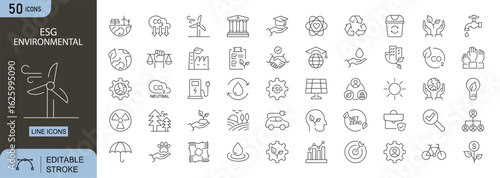 ESG Environmental icons set. Includes icons for sustainability, pollution, carbon footprint, recycling, renewable energy, climate action, and conservation. Editable stroke. Line icons. 