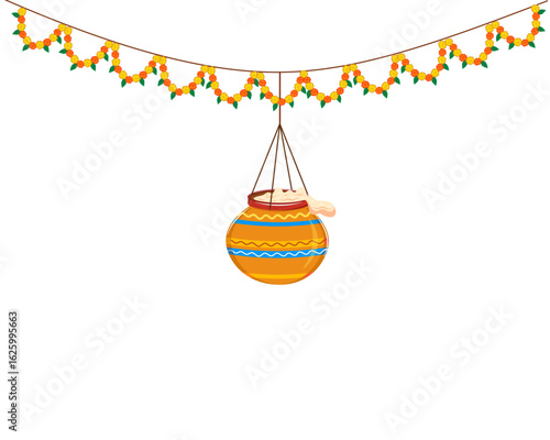 hanging decorative with flowers dahi handi for Janmashtami festival vector illustration design