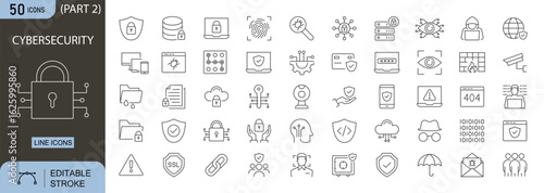 Cybersecurity icons set. Includes icons for data protection, firewall, password, encryption, shield hacker, antivirus, malware, and secure login. Editable stroke. Line icons. Perfect for infographics.