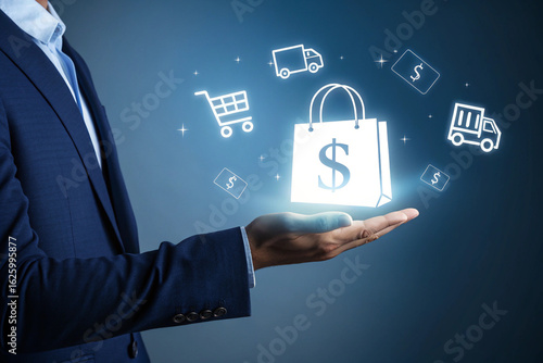 Futuristic Financial & Business Technology Concept with Holographic Digital Interface and Data Visualization