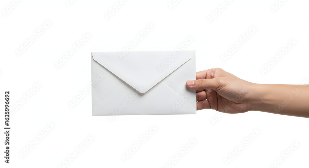 Fototapeta premium Hand delivering crisp white envelope conveys message of importance and anticipation with white background