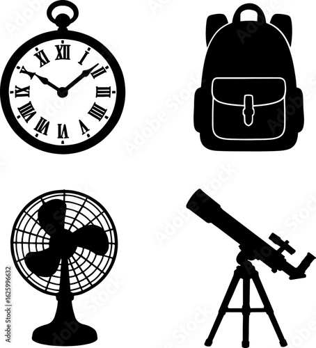 Collection of four distinct objects in silhouette including a pocket watch backpack fan and telescope silhouette