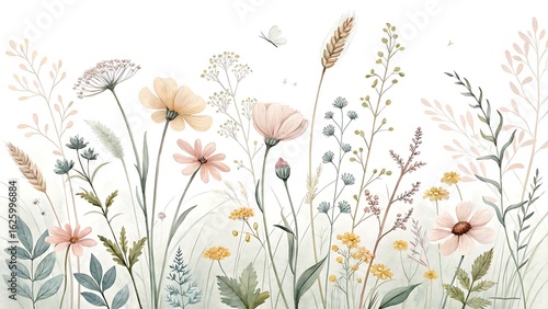Delicate wildflowers pastel hues watercolor floral