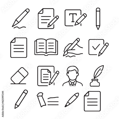 "Writing and Editing Line Icons Set – Pen, Book, Paper, Author, Tools"

