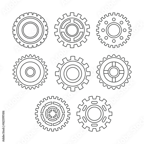 Gear wheel icon outline doodle Set Collection, cogwheel engine, Progress or construction concept, mechanism or industry mechanical icon, isolated black background, Vector illustration sign gearshift.