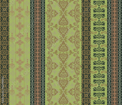 Abstract Damask fabric art, ethnic style, native style, full pattern, light green, dark green, beige tone, suitable for textiles, clothes pattern, pillows, curtains, carpets, vector and illust
