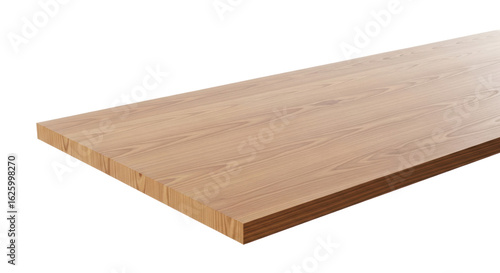 A pristine, polished wooden table, showcasing natural wood grain texture on an immaculate, transparent, seamless studio background with soft lighting, ready for product display concept