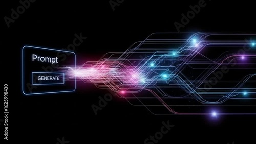 Futuristic digital interface with a prompt generate button emitting glowing abstract lines and circuits, representing artificial intelligence and technological innovation