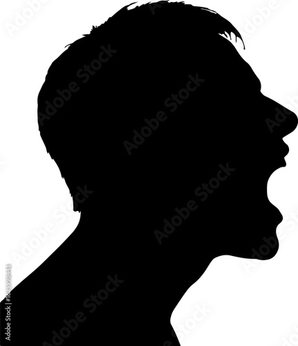Intense emotional expression of a man s head in profile captured in a stark black silhouette against a white background conveying raw emotion and distress silhouette
