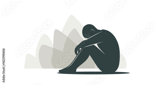 A minimalist illustration of a lone silhouette figure sitting hunched over, conveying feelings of sadness, depression, and despair against an abstract background.