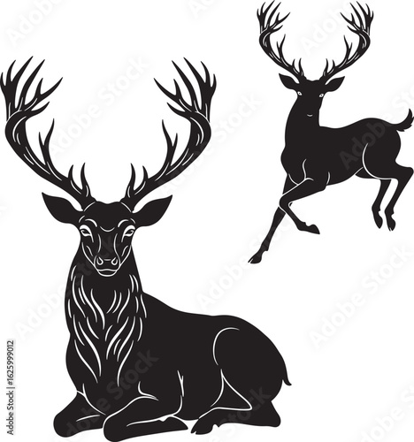 Vector silhouette illustrations of various wild deer and stag animals with antlers