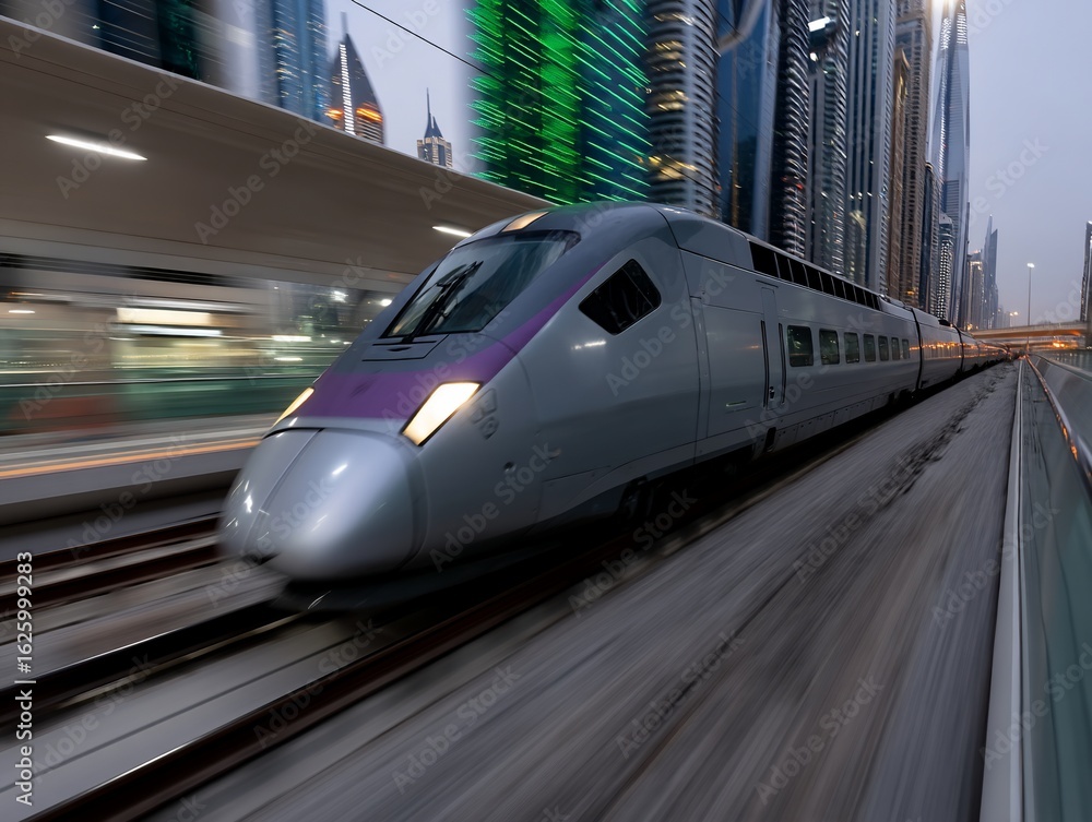 Naklejka premium Modern high-speed train zips past urban skyscrapers
