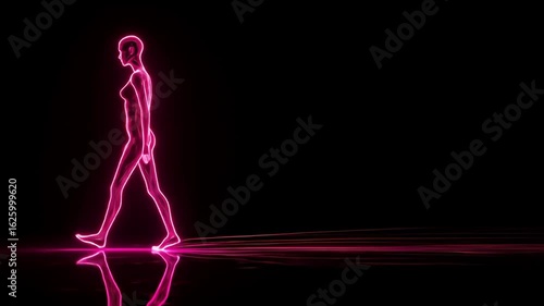 Neon magenta woman walking to the left, leaving light trails