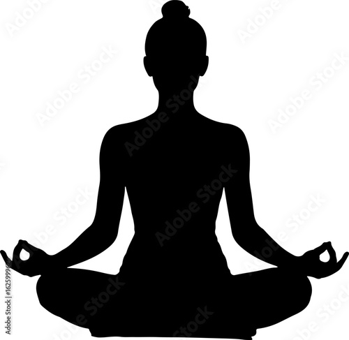 Serene woman in lotus pose meditating with hands in gyan mudra silhouette