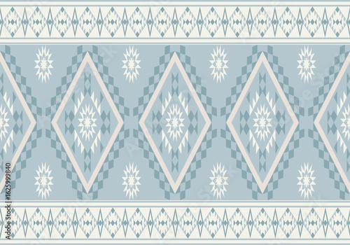 This pastel geometric textile features radiant star shapes nested in soft diamond outlines, creating a calm, rhythmic, and elegant seamless design in cool tones.