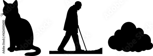 Three distinct black silhouettes of a seated cat a man walking with a cane and a fluffy object silhouette