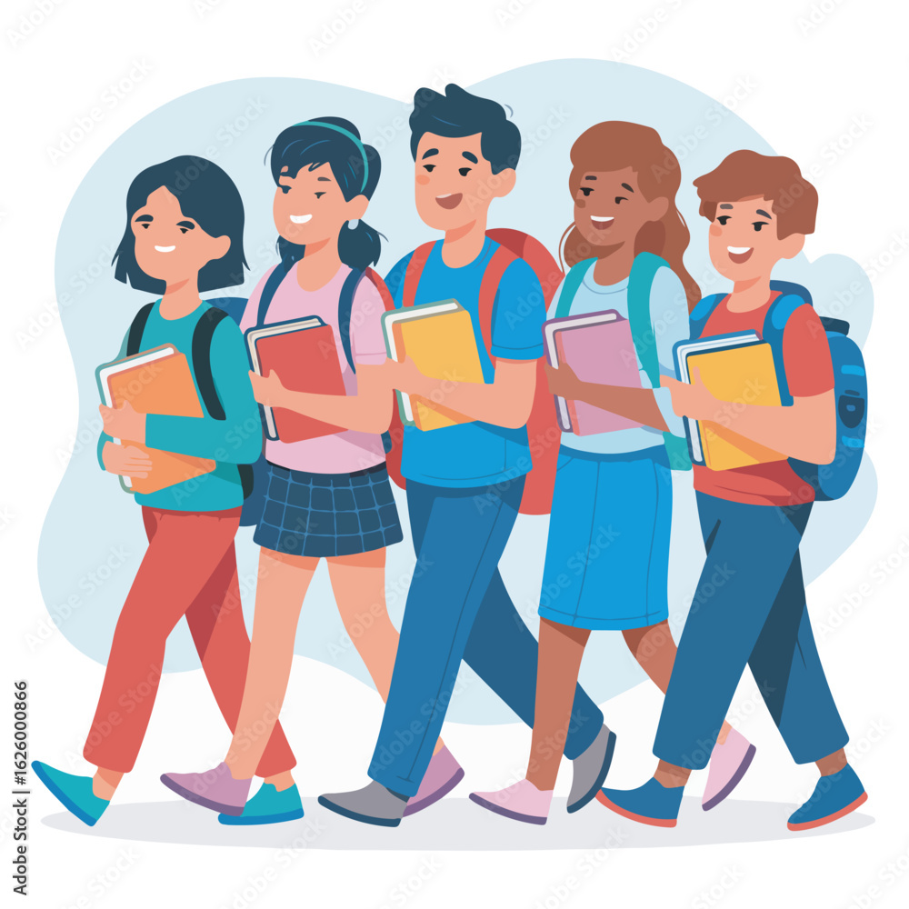 Fototapeta premium Multicultural Students Walking to School with Books – Back to School Vector Illustration