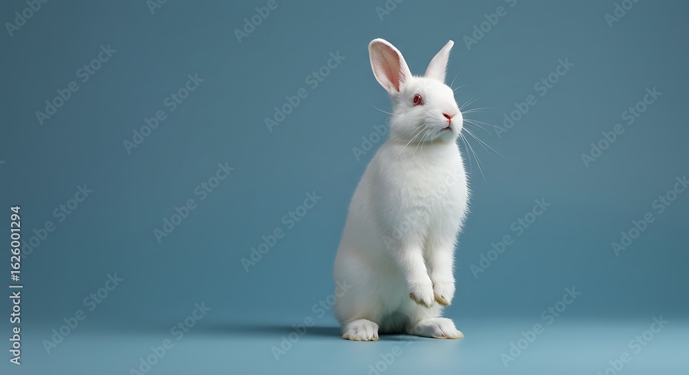 Fototapeta premium A white rabbit standing on its hind legs against a solid blue background in a studio setting looking ahead