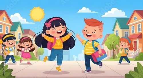 Illustration of children going to school with backpacks and waving on a sunny day in a neighborhood