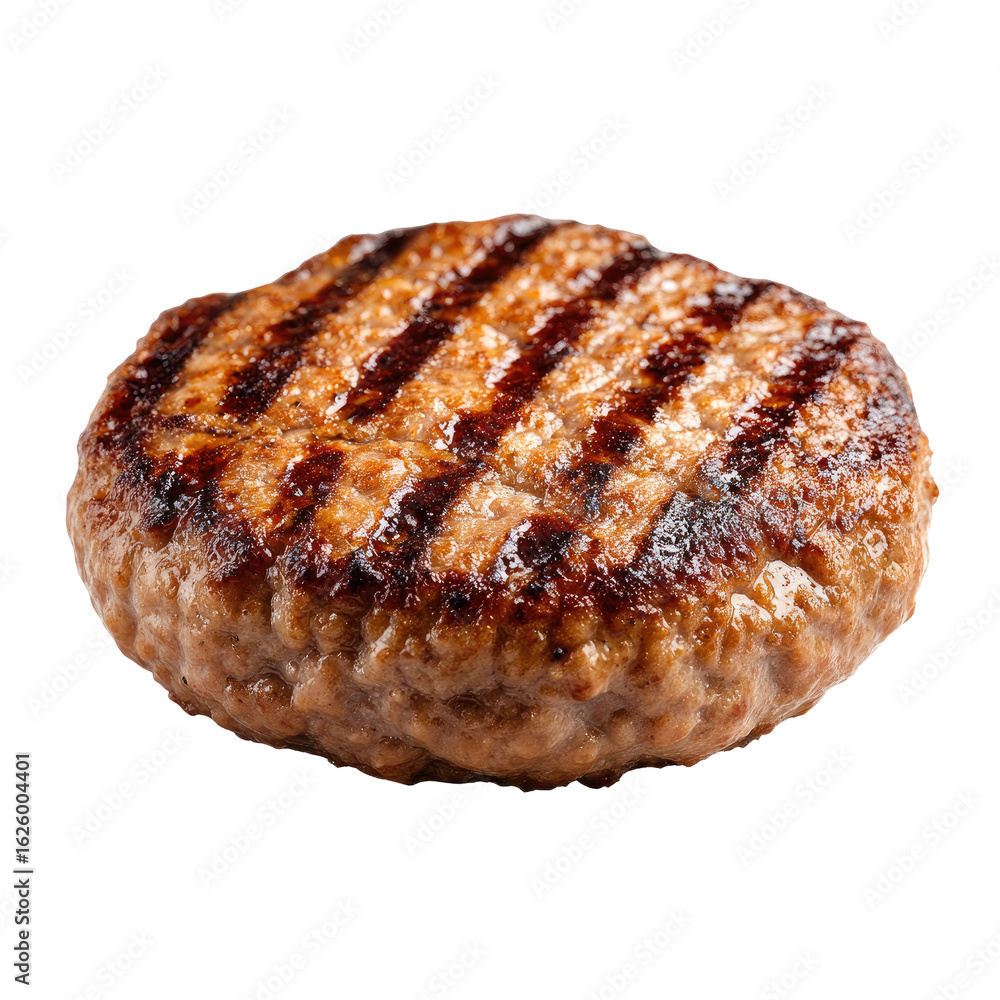 Close-up of a grilled meat patty. Well-browned, circular, with grill marks Close-up of a grilled meat patty. Well-browned, circular, with grill marks