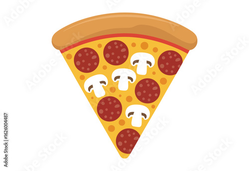 Vector illustration of single pizza slice with golden crust, melted cheese, pepperoni, and mushrooms in flat design style on white background