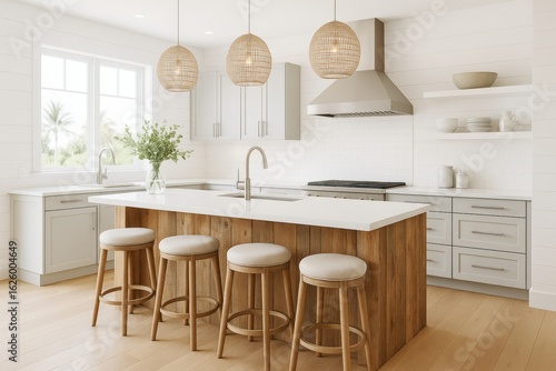 Wallpaper Mural Bright modern kitchen interior with wooden island, minimalist decor, and natural light through large windows, showcasing cozy architectural design. Ai generative Torontodigital.ca