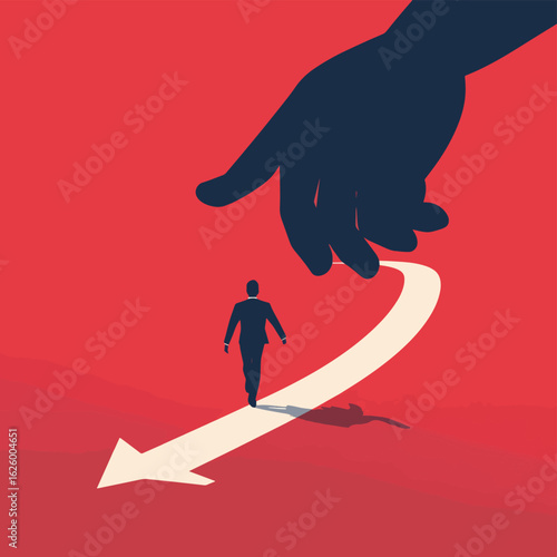 Businessman running on career path arrow painted by a giant hand