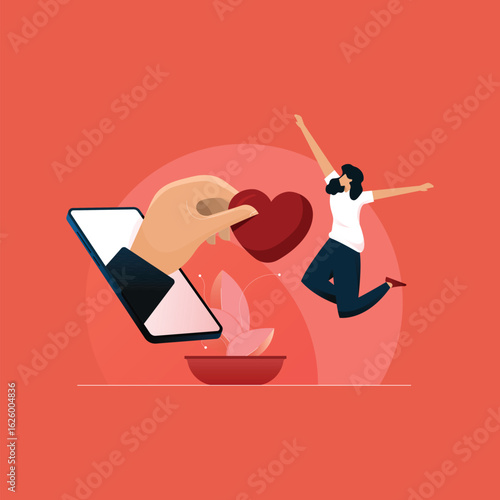 Digital emotion notification vector, Hand with red heart on digital screen, Valentine Day and dating concept