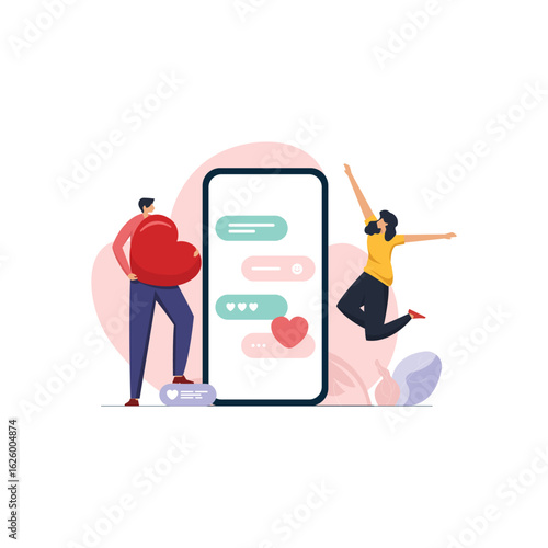 Online dating app, Young boy sharing heart on chatting, Couple relation and valentine day concept