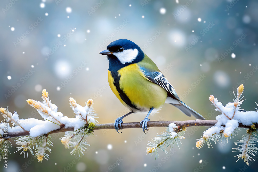 Fototapeta premium A charming great tit sits elegantly on a frosty branch as soft snowflakes gently fall around it amidst the tranquil winter atmosphere