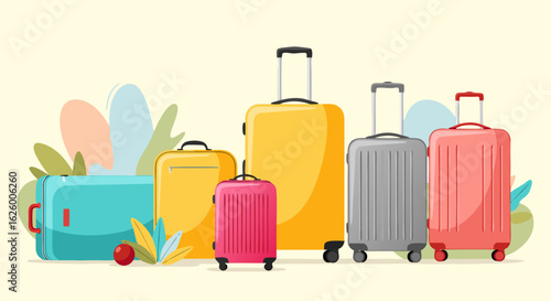 Colorful luggage collection with various suitcase sizes displayed against abstract background, ideal for travel and vacation themes