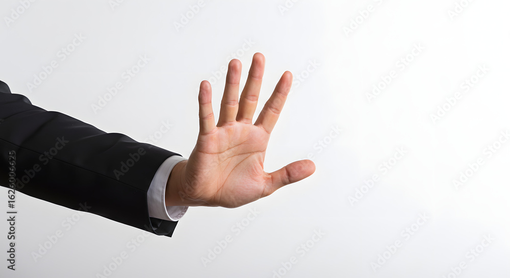 Naklejka premium Stop gesture by professional in suit shows rejection, denial or halt in business deal or action with white background