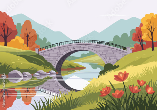 Scenic autumn landscape with a stone bridge over a calm river surrounded by colorful trees and mountains in the background