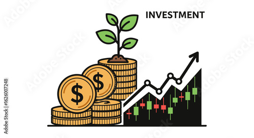 Growing investment profits are shown with a stack of gold coins and a plant growing from the top, accompanied by a rising graph illustrating financial growth and success.