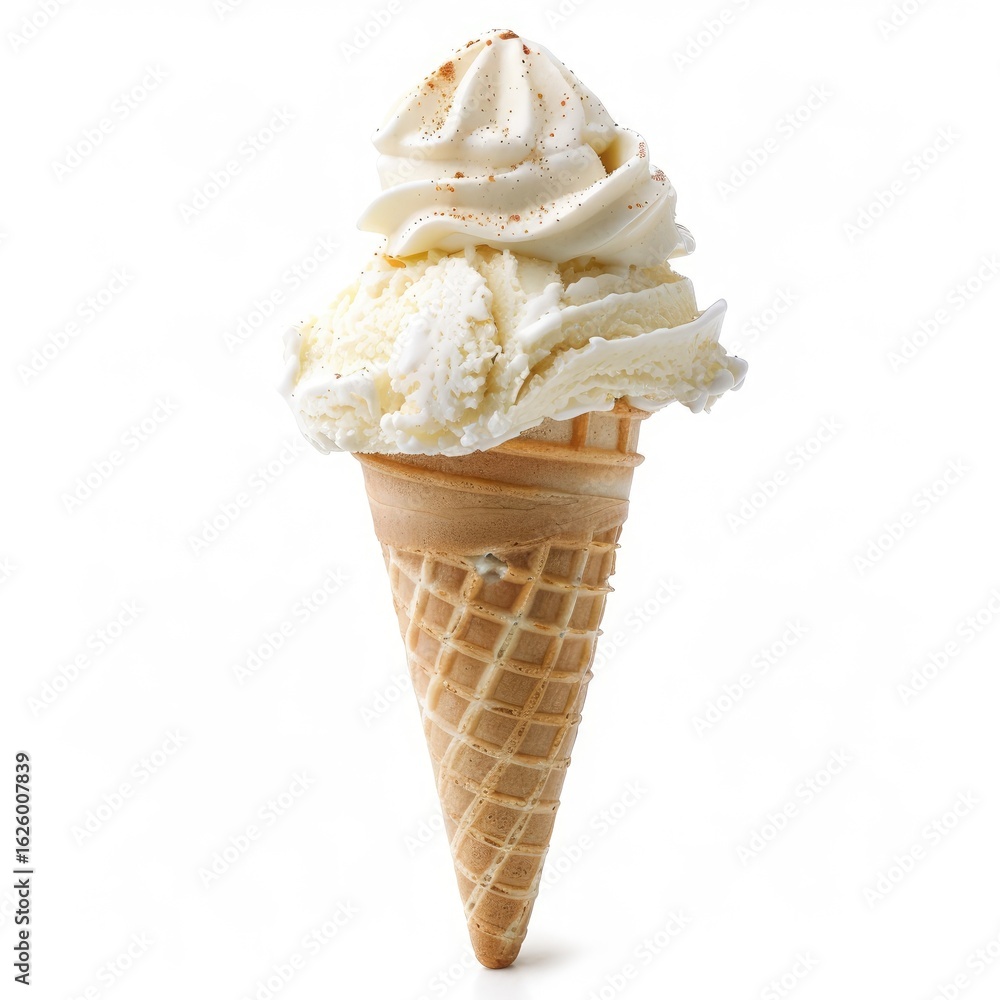 Vanilla ice cream cone, two scoops, topped with whipped cream and cinnamon Vanilla ice cream cone, two scoops, topped with whipped cream and cinnamon
