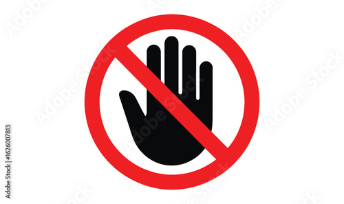 do not touch icon—black hand in red circle with diagonal line, bold warning vector for safety signage, restriction zones, or hazard UI