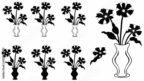 Illustration showing multiple vases with flowers in black and white color scheme in a simple design